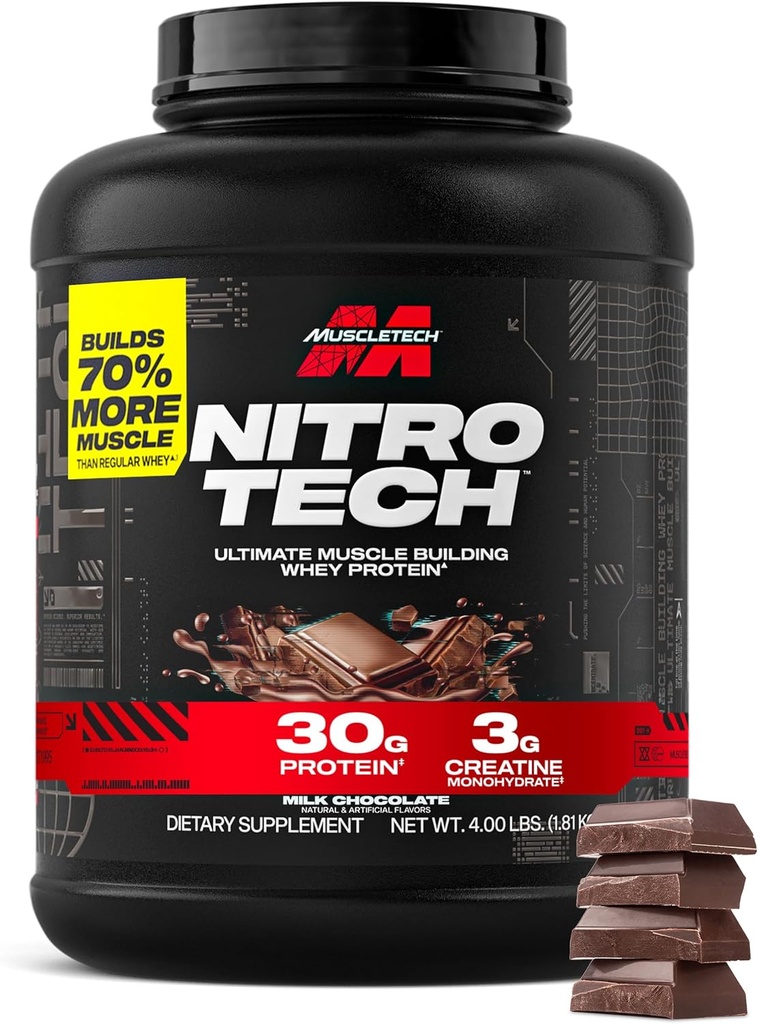 Muscletech Whey Protein Powder (Milk Chocolate, 4 Pound) - Nitro-Tech Ultimate Muscle Building Formula with Whey Protein Isolate - 30g of Protein, 3g of Creatine & 6.8g of BCAA - Packaging May Vary