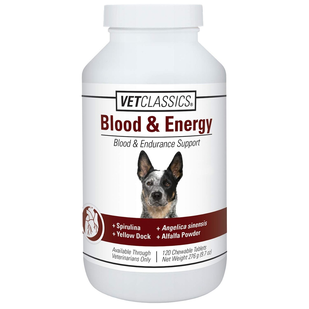 Vet Classics Blood & Energy Support for Dogs, Understøtter Endurance med Spirulina, Gul Dock, & Alfalfa Support Dannelse af hæmoglobin og Myoglobin, 120 tyggetabletter