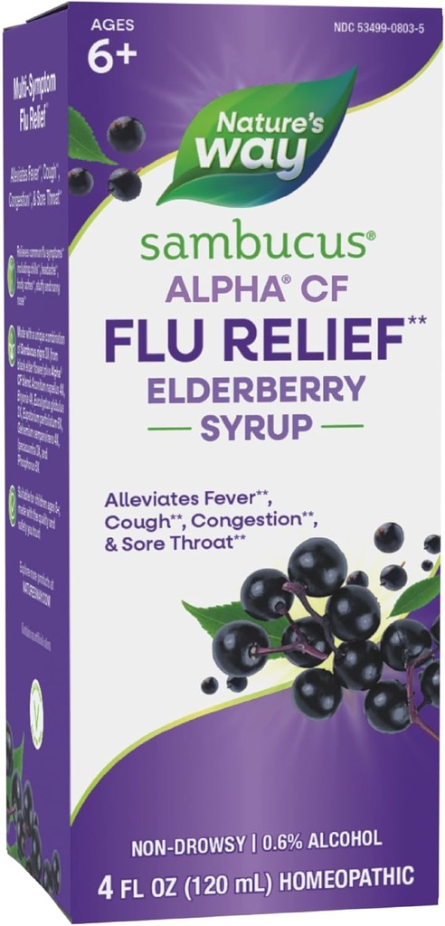 Nature 's Way Sambucus Alpha CF Flu Relief * Elderberry Syrup med Sambucus nigra 3X og Alpha CF, Relieves Flu Symptomer *, 4 Fl Oz (Packaging May Vary)