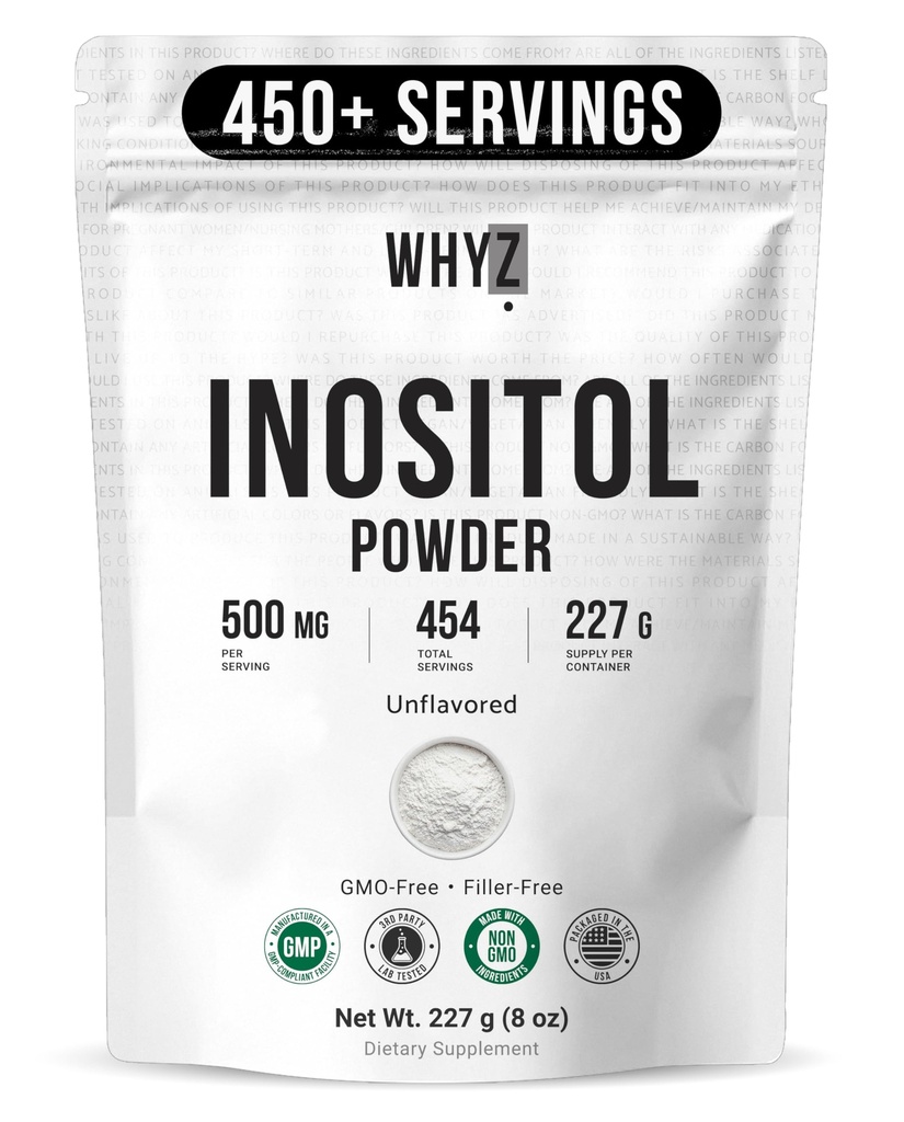 Myo- Inositol Powder 8oz, Natural Myo Inositol Supplement for ovarie Support, Fertilitet og Hormonal Balance, Pure Inositol Powder, Myo- Inositol Supplement for energi, hjerne sundhed, 454 Servere