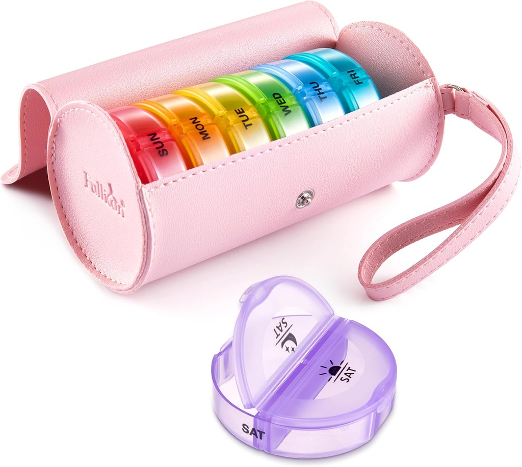 Fullicon PU sag Ugentlig Pill Box Arrangør 2 gange en dag, Rejser 7 dag Pill bokse, Bærbar Tablet Arrangør for medicin, Medicin, Vitamin, Fish Oil Kosttilskud (Pink / Rainbow)