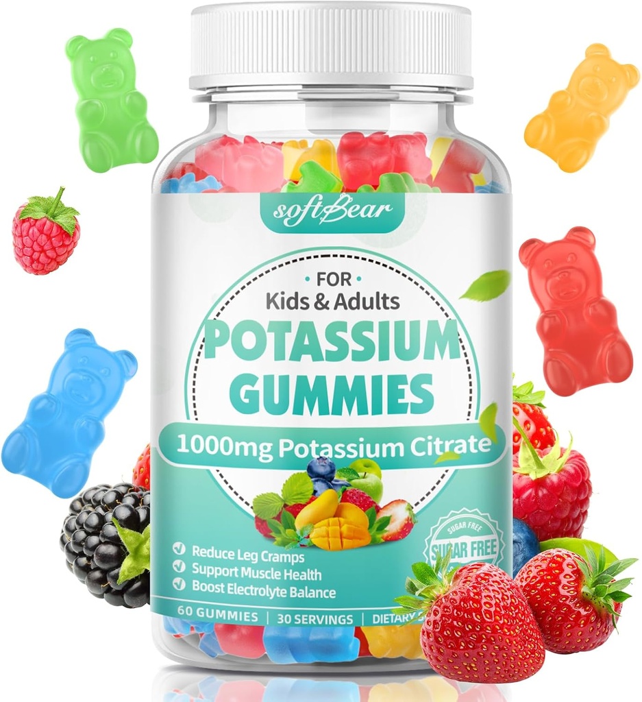 softbear Kalium Citrate Gummies, High Potency Kalium Citrate 1000mg Understøtter Leg Cramp & Muscle Health Kalium Gummies for voksne & Børn blandet frugt flavor 60 Greve
