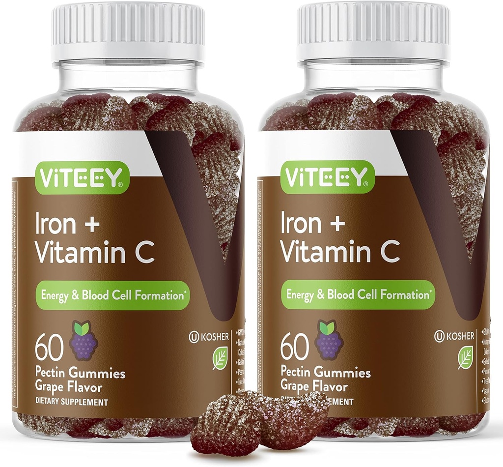 VITEEY Iron Gummies - Jern med C-vitamin - Energi, Bood Support og Anæmi supplement til kvinder & mænd - Vegan, Gluten Free - 120 Tæl