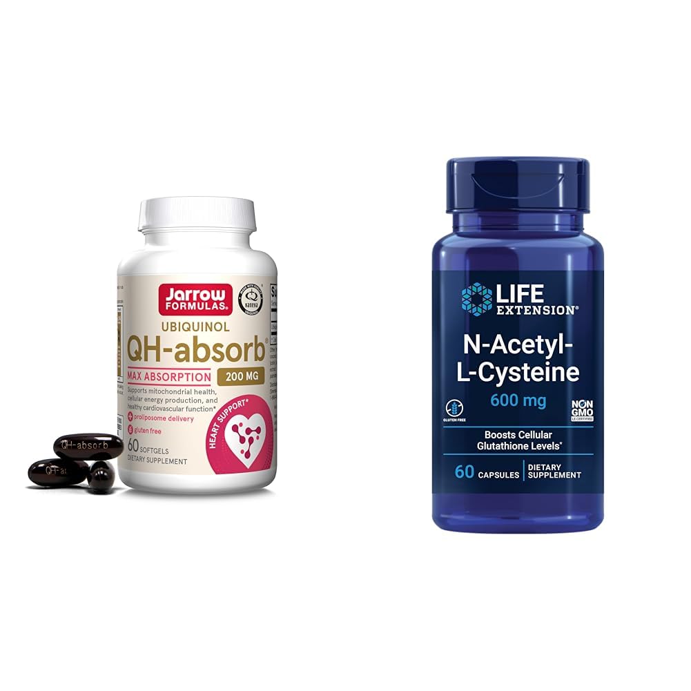 Jarrow Formulas QH- Absorb 200 mg - High Absorption Co- Q10 - Active Antioxidant Form of Co- Q10 & Life Extension N- Acetyl- L- Cysteine (NAC), Immunation, Respiratory, Lever Health, NAC 600 mg