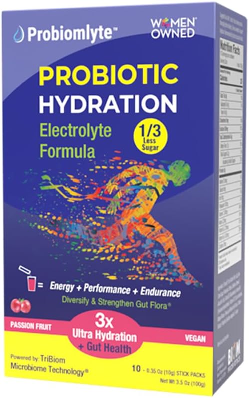 Probiomlyte Probiotisk Hydrationsforstærker. Elektrolytter + Key Vitaminer + Probiotika + Prebiotika + Postbiotika + Citrullin • 124; Bedre udholdenhed, ydeevne, energi, Gut sundhed • 124; Passionsfrugt • 124; 10 pinde