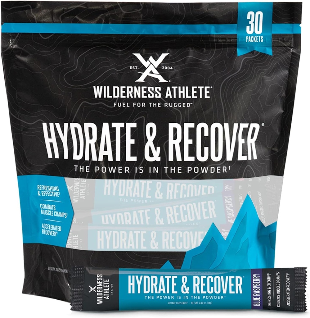 Wilderness Atlete - Hydrate & Recover; Flydende Hydration Pakker Electrolyte Drink Mix - Recover Hurtigere med Bcaas - 30 Single Serving Hydrate Pakker (Blå Hindbær)