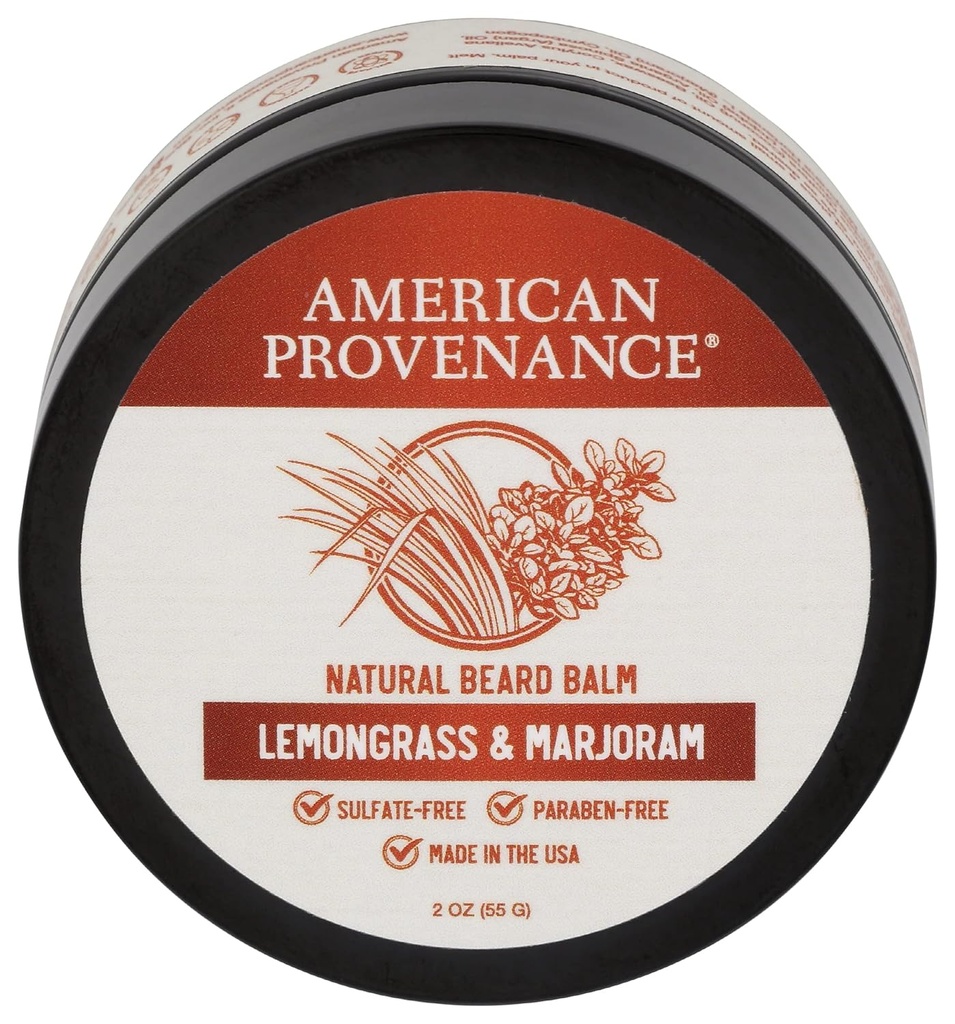 American Provenance Premium Natural Beard and Mustache Balm for Men with Shea Butter, Jojoba Oil, Argan Oil - Grooming Balm that Conditions, Moisturizes and Strenthens Beards and Mustaches of Any Length | Lemongrass & Marjoram, 2 oz (Pack of 1)
