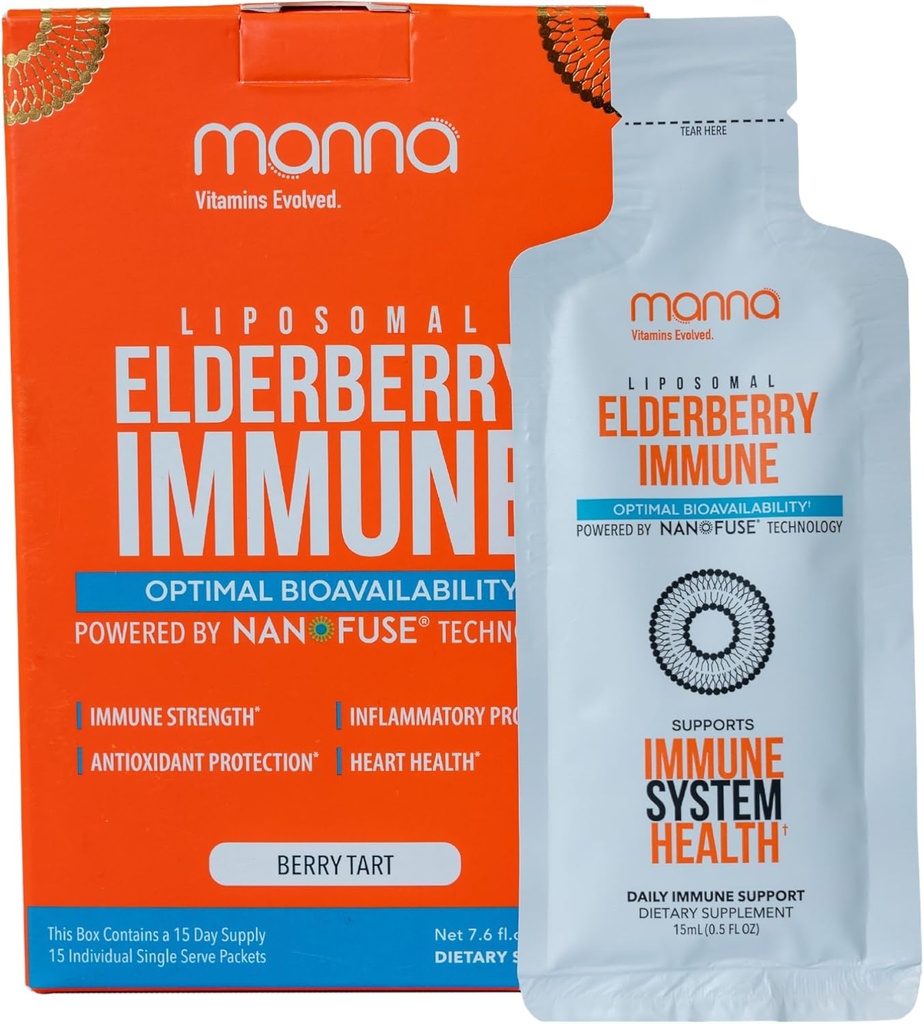Manna Vitamin Evolved Liposomal Elderberry Immunpakker, Vitamin C, D osv. - Daglig immunstøtte til voksne, Kids - Sugar Free, Real Elderberry Extract, Syrup, Travel- Friendly, 15 Pack
