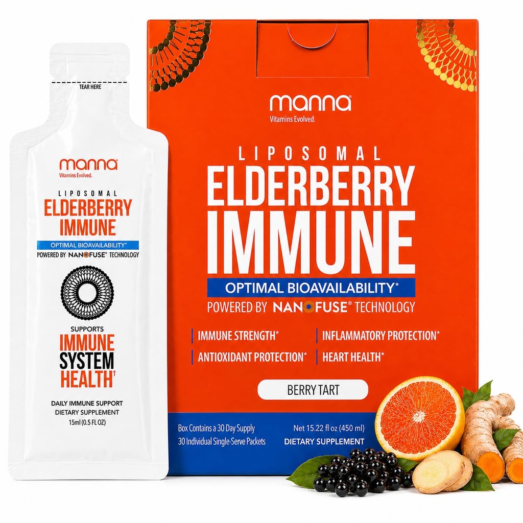 Manna Vitamin Evolved Liposomal Elderberry Immunpakker, Vitamin C, D osv. - Daglig immunstøtte til voksne, Kids - Sugar Free, Real Elderberry Extract, Syrup, Travel- Friendly, 15 Pack