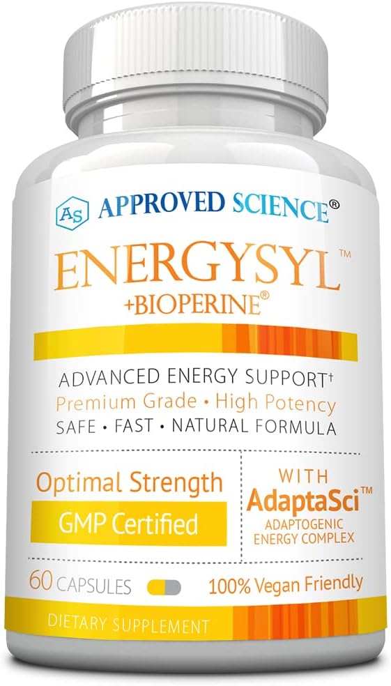 Godkendt Science Energisyl - koffein fri - med adaptogener, B Vitaminer, og Bioperine - 1 måned Tilgang - 60 kapsler - Made in USA