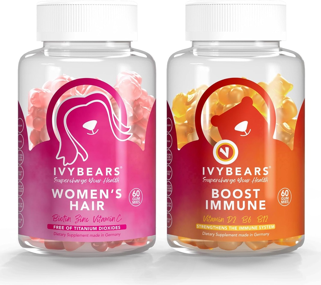 IvyBears ® Women 's Hår & Immun Support Bundle - Biotin Hårvækst Gummier + Daglige immungummier med C-vitamin, D, Zink - Vegan, 2-Pack