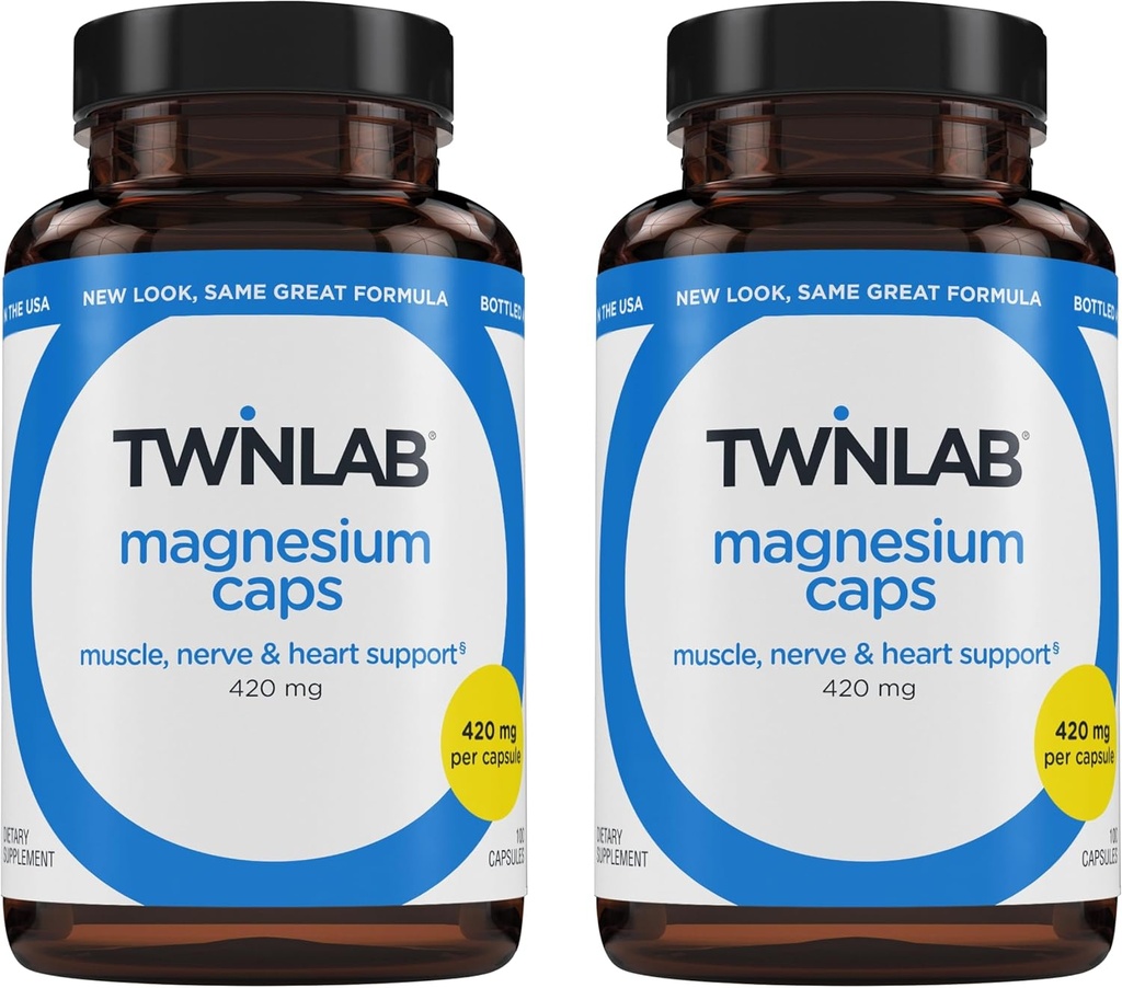 Twinlab Magnesium Caps - Høj Absorption Magnesium supplement til støtte ben kramper Relief - Magnesium kapsler til stress Relief, 420 mg, 100 Tæl, 2 Pack