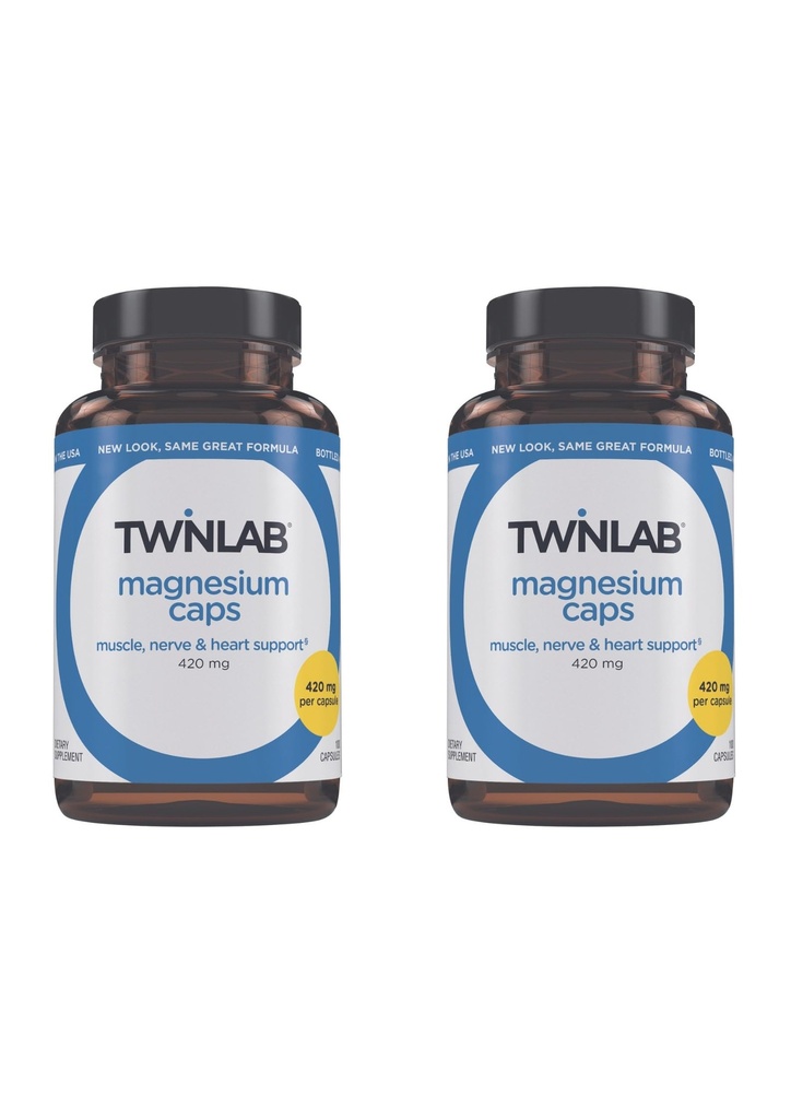 Twinlab Magnesium Caps - Høj Absorption Magnesium supplement til støtte ben kramper Relief - Magnesium kapsler til stress Relief, 420 mg, 100 Tæl, 2 Pack