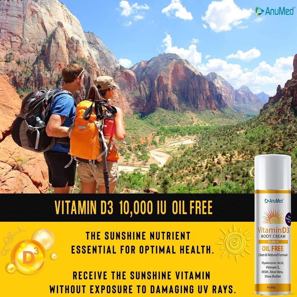 Anumed D3 10. 000 IE oliefrit creme med Magnesium + hyaluronsyre, E-vitamin fugtgivende creme til tør hud. Ikke- fedtet, ikke- GMO, 100% Vegan, Glutenfri (3oz)