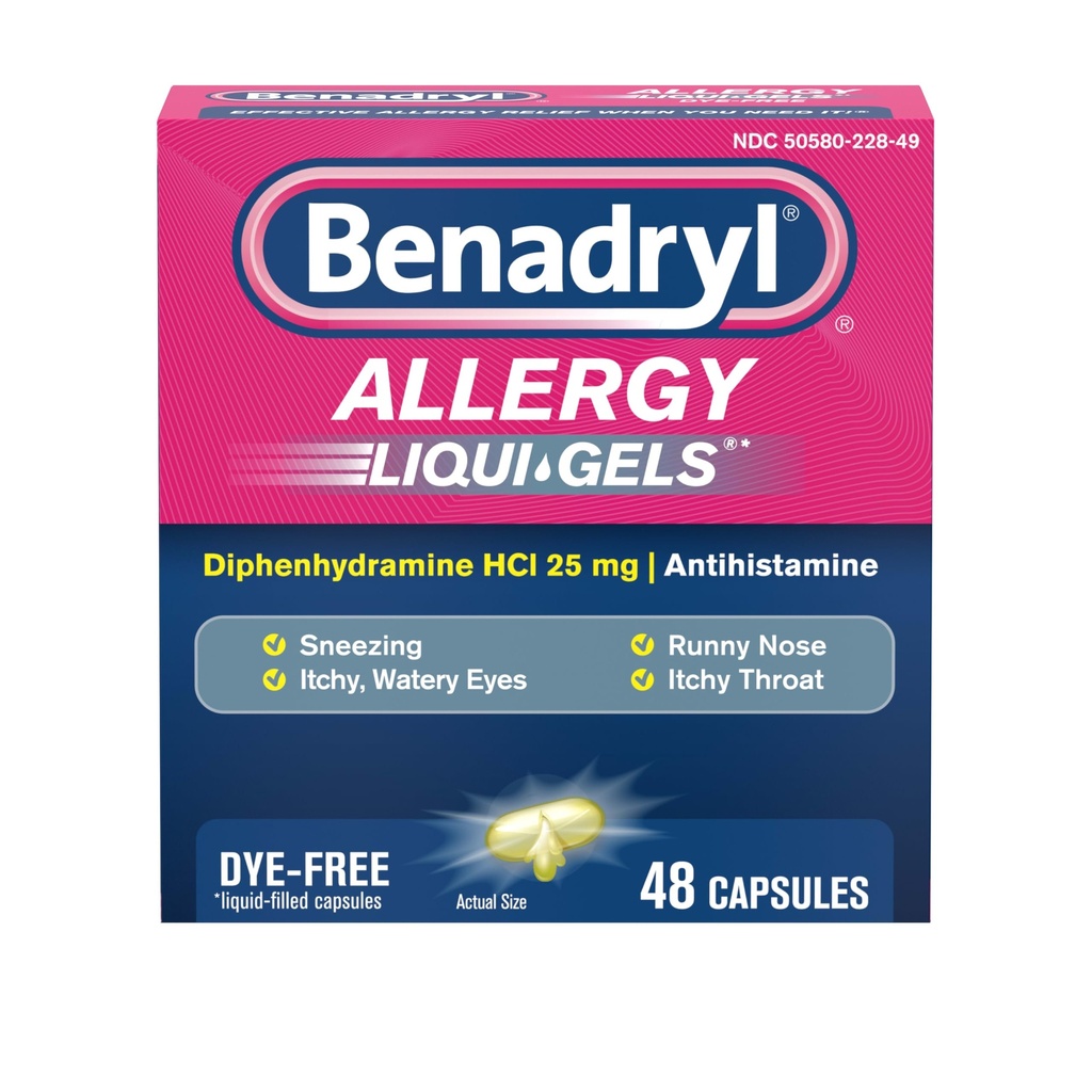 Benadryl Liqui- Gels Antihistamin Allergy Medicine & Cold Symptom Relief, Farvefri Væskegeler med 25 mg Diphenhydramin HCl for symptomer såsom, Runny Næse, Nysen & Mere, 48 ng