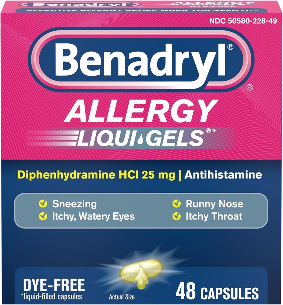 Benadryl Liqui- Gels Antihistamin Allergy Medicine & Cold Symptom Relief, Farvefri Væskegeler med 25 mg Diphenhydramin HCl for symptomer såsom, Runny Næse, Nysen & Mere, 48 ng