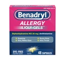 Benadryl Liqui- Gels Antihistamin Allergy Medicine & Cold Symptom Relief, Farvefri Væskegeler med 25 mg Diphenhydramin HCl for symptomer såsom, Runny Næse, Nysen & Mere, 48 ng