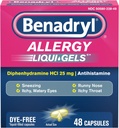 Benadryl Liqui- Gels Antihistamin Allergy Medicine & Cold Symptom Relief, Farvefri Væskegeler med 25 mg Diphenhydramin HCl for symptomer såsom, Runny Næse, Nysen & Mere, 48 ng
