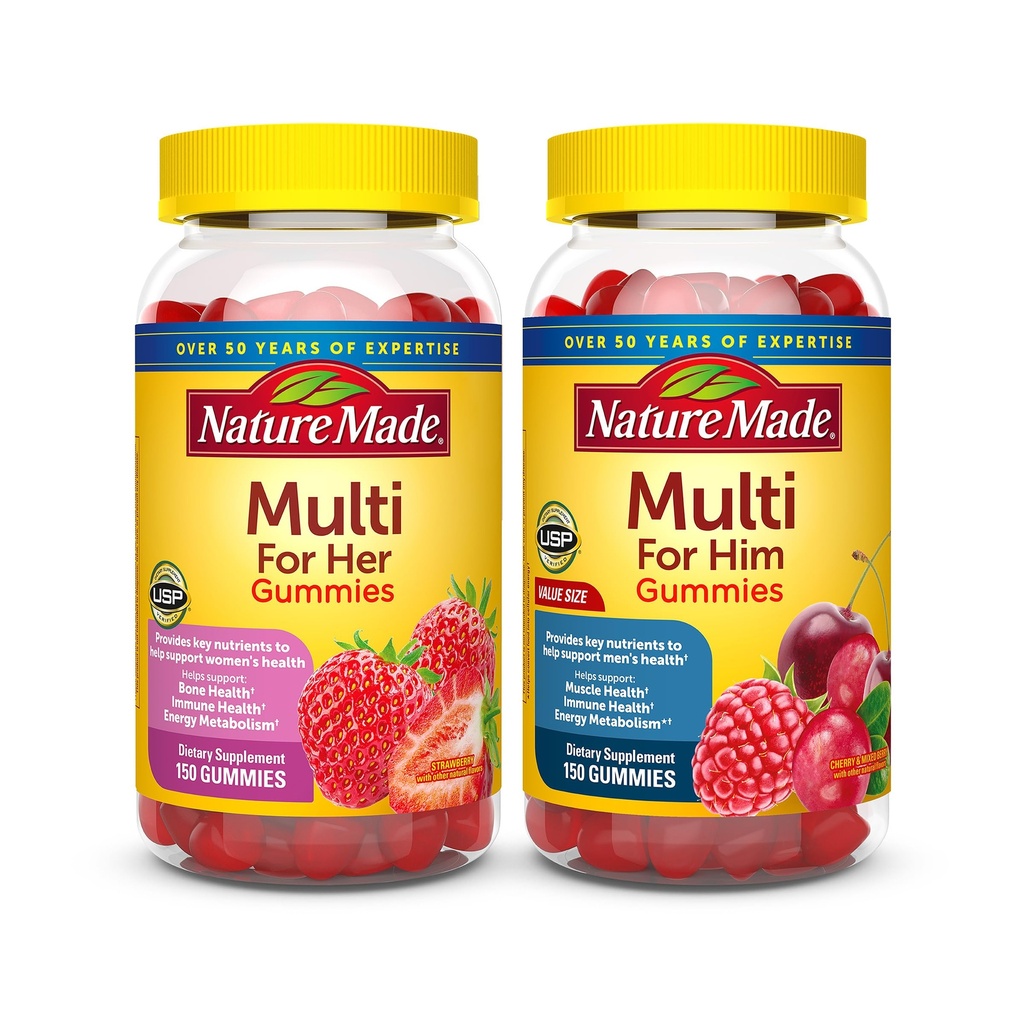 Nature Made Multivitamin Gummies Combo Pack til ham & Her, Tasty Mænd & Kvinder Multivitamin med C-vitamin, D3-vitamin, B-vitaminer, zink & mere, To Multivitamin Flasker