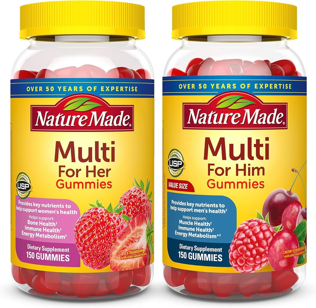 Nature Made Multivitamin Gummies Combo Pack til ham & Her, Tasty Mænd & Kvinder Multivitamin med C-vitamin, D3-vitamin, B-vitaminer, zink & mere, To Multivitamin Flasker