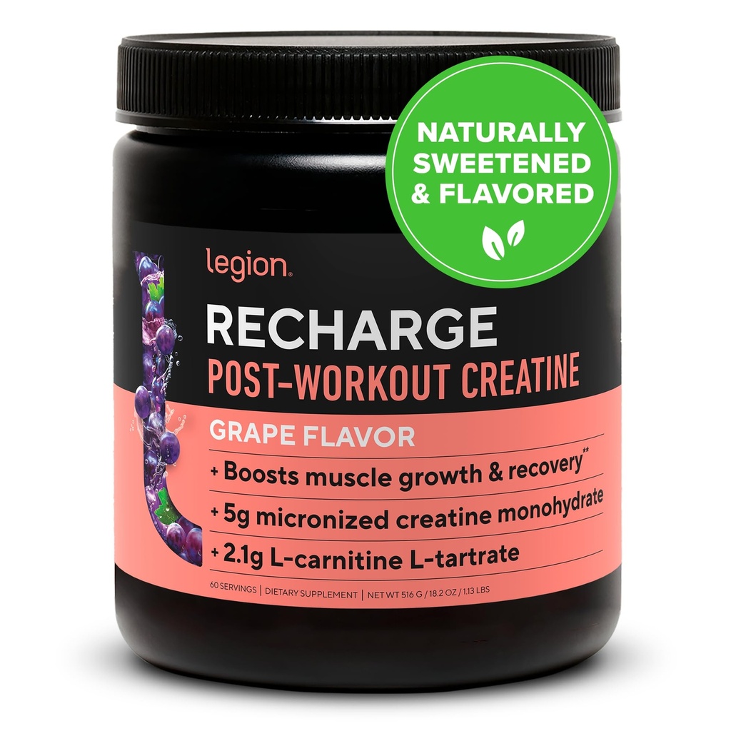 LEGION Recharge Post Workout Supplement - Alle naturlige muskel Builder & Inddrivelse Drik med mikroniseret Creatin monohydrat. Naturligt sødet & smag, sikker & sund. (Grape, 60 Serving)