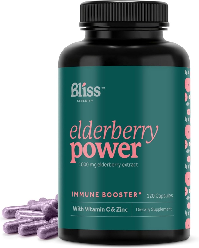Hyldebær med zink og C-vitamin til voksne - Sambucus Elderberry Kapsler - 1000 mg ekstrakt, immuntilskud til kvinder og mænd, med antioxidant frugtblend, 120 Vegcaps, 60 dages forsyning