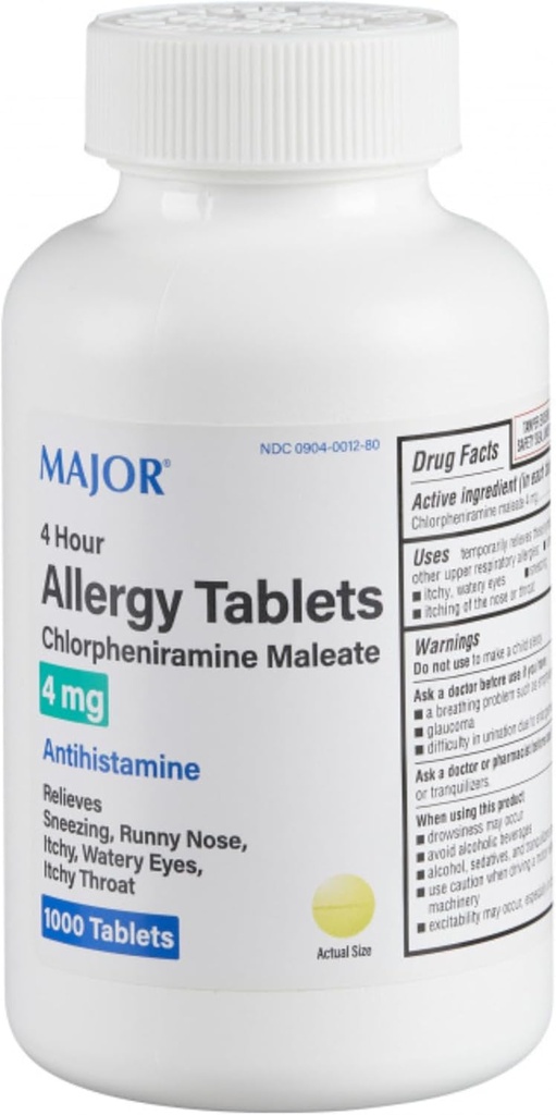 STOR 4 timers allergitabletter - Chlorpheniramin Maleate - 4 mg - Antihistamin - 1000 Tælling