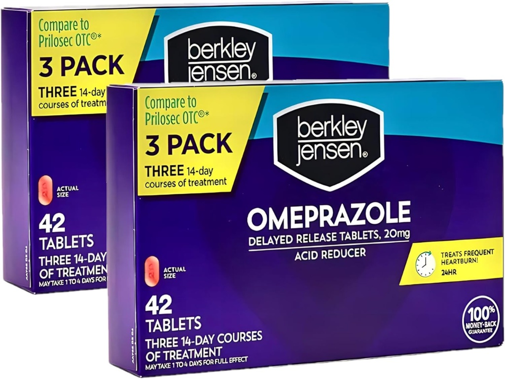 berkley jensen Omeprazol 20 mg Delayed Release Tablets - Heartburn Medicin - Acid Reducer Pills - Treatings Hyppig Heartburn - 3 x 14 - Day Courses, 42 Greve (Pack of 2)