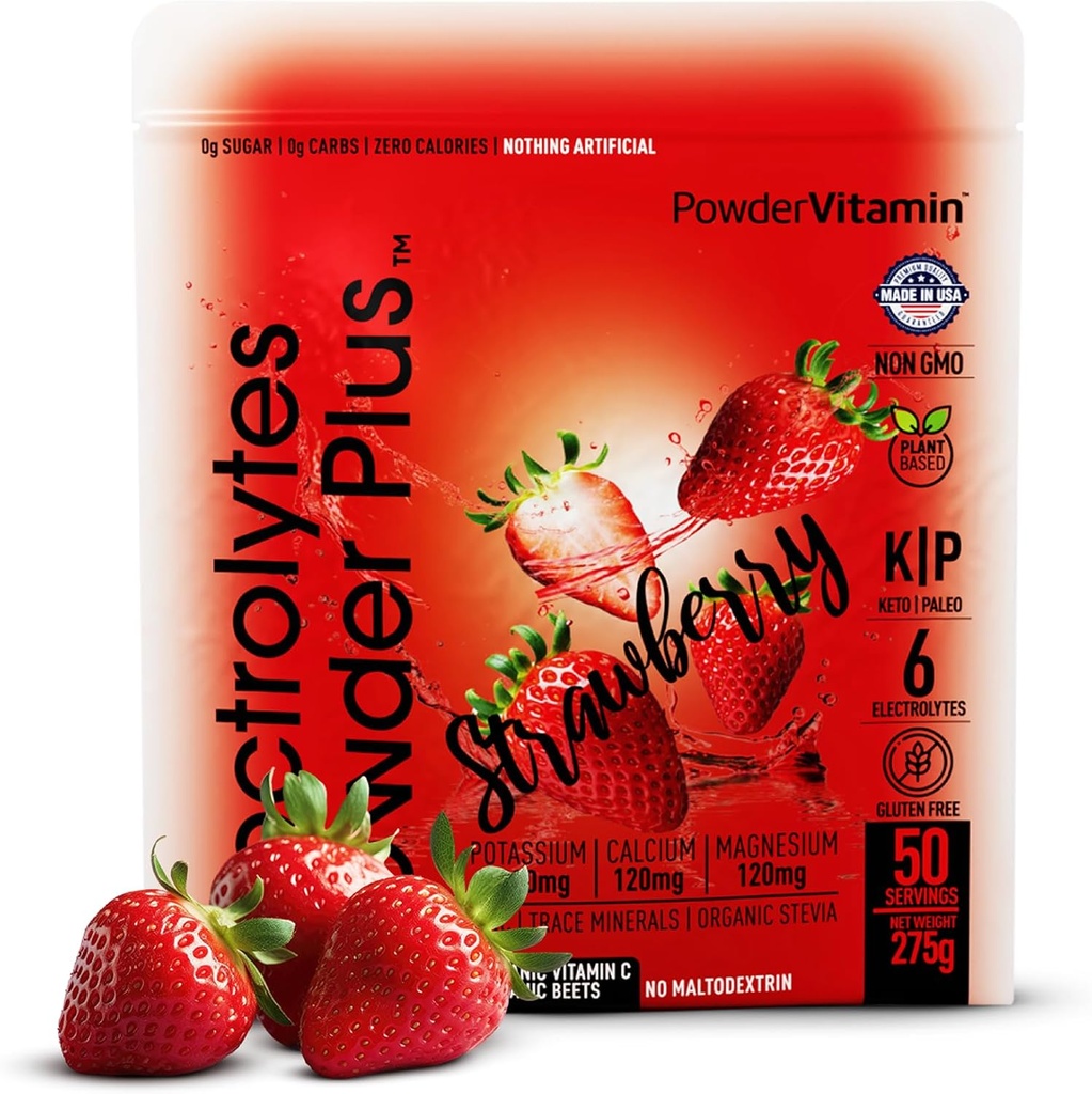 PowderVitamin Electrolytes Powder Plus Keto, Strawberry (50 Servere) 0 Sukker, Ingen Maltodextrin, 1000mg Kalium, 120mg Calcium, 120mg Magnesium, Organic Vitamin C, Zero Calories, Energy Hydration Powder