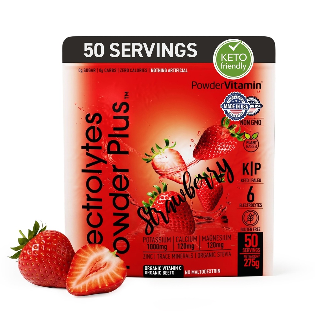 PowderVitamin Electrolytes Powder Plus Keto, Strawberry (50 Servere) 0 Sukker, Ingen Maltodextrin, 1000mg Kalium, 120mg Calcium, 120mg Magnesium, Organic Vitamin C, Zero Calories, Energy Hydration Powder