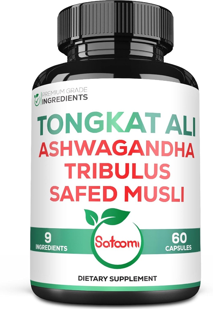 Satomi Tongkat Ali Root Extract 200: 1-9 Væsentlige urter med Ashwagandha, Tribulus Terrestris & mere - Support Strength, Energy and Sund Immun- 60 Vegan Caps 2 Måned Supply