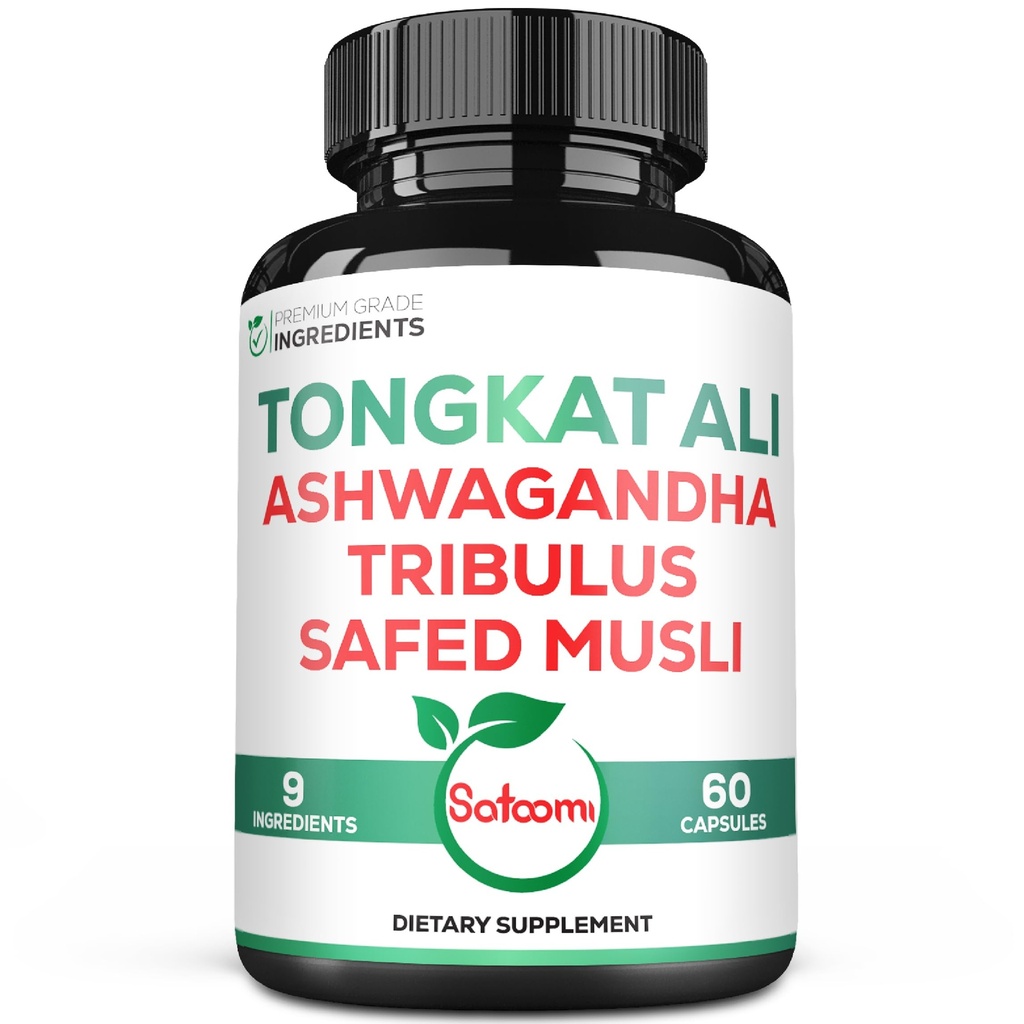 Satomi Tongkat Ali Root Extract 200: 1-9 Væsentlige urter med Ashwagandha, Tribulus Terrestris & mere - Support Strength, Energy and Sund Immun- 60 Vegan Caps 2 Måned Supply