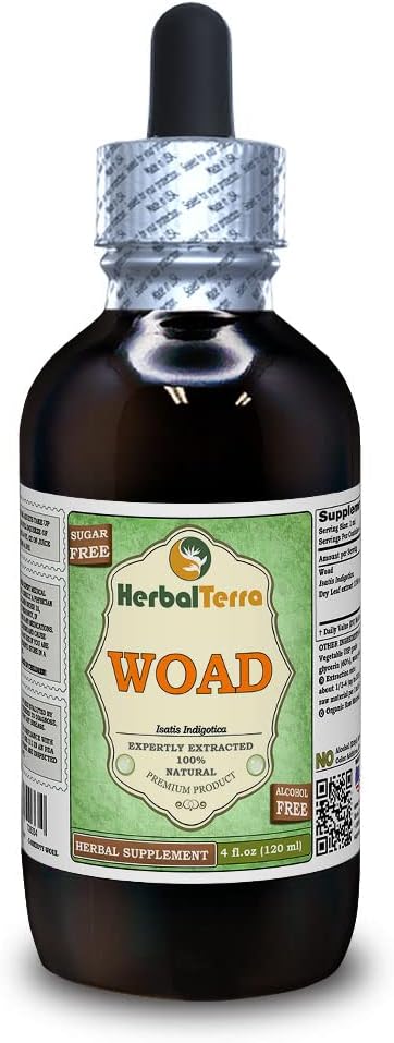 Woad (Isatis Indigotica) Glycerit, Tørrede blade Alkohol- Free Liquid Extract (Brand Name: HerbalTerra, Stolt Made in USA) 4 fl.oz (120 ml)