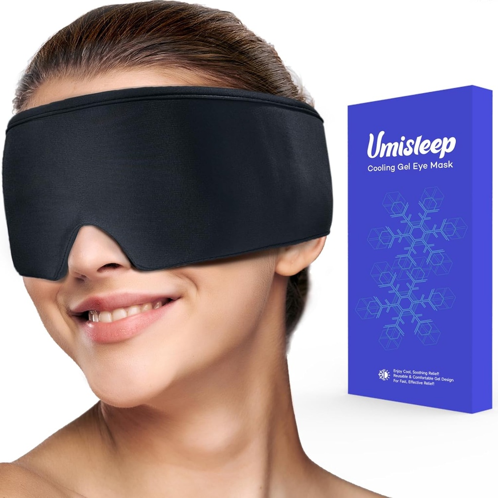 Umisleep Cooling Eye Mask, Soft Cold Sleep Mask til tørre øjne, Genanvendelige Gel Eye Cover Ice Pack, Cold Compress Therapy, Stye Eye Treatment, Hovedpine, mørke cirkler, Puffy Eyes, Migræne Relief, Sort