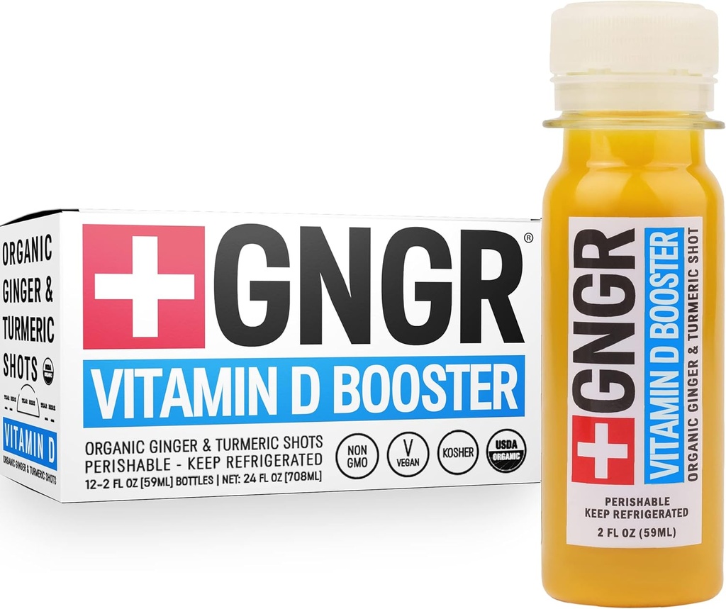 + GNGR D-vitamin Booster - Tropical Immunity Booster Edition Cold- Pressed Ginger Shot med Ananas, Passionsfrugt, Orange, Gurkemeje & Vitamin D3. Mood, Immunity & Energy. 2 fl oz (Pack of 12)