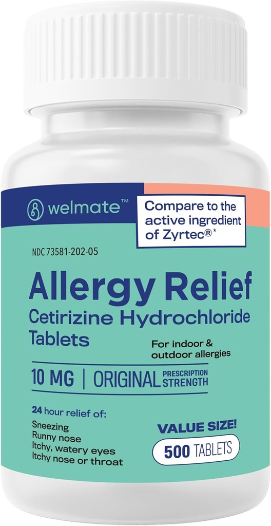 WELMATE - Allergi Relief - Cetirizin HCl 10 mg - 24 timer Antihistamin - Non Drowsy - Nysen - Runny Næse - Itchy Eyes & Throat - Indoor & Outdoor Allergy Relief Tablets - 500 tabletter