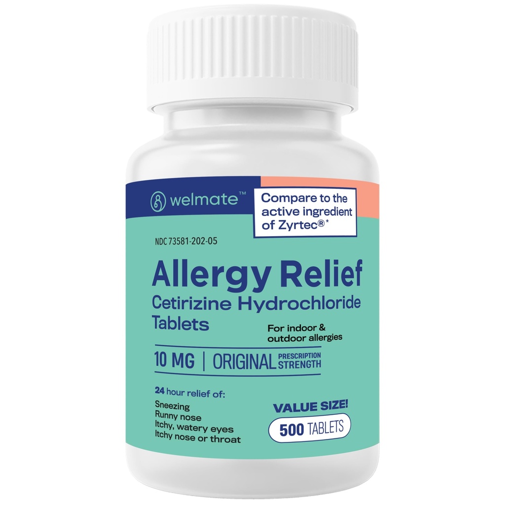 WELMATE - Allergi Relief - Cetirizin HCl 10 mg - 24 timer Antihistamin - Non Drowsy - Nysen - Runny Næse - Itchy Eyes & Throat - Indoor & Outdoor Allergy Relief Tablets - 500 tabletter