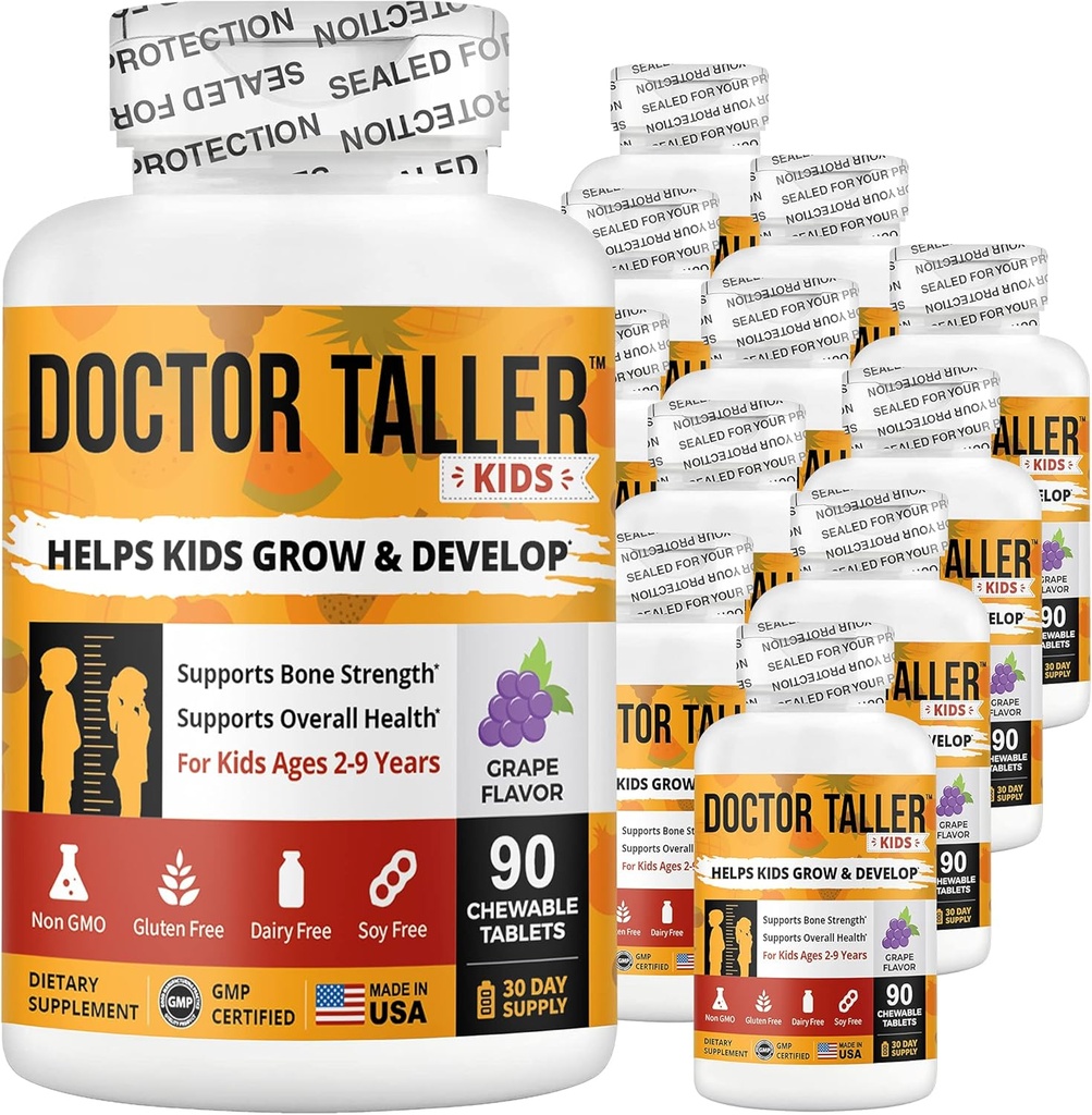 NuBest Doctor Taller Kids - Support Bone Strength med Multivitaminer, Multimineraler, Calcium - Premium Formel for alderen 2 til 9 - Grape Flavor - 12 Pack Medic124; 18 Months Supply