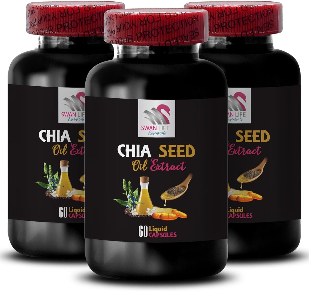 Plantebaseret olie - CHIA SEED OIL Extract - Hydrating olie, Rig tekstur, Hårpleje, Glossy finish, Naturlig glans, Chia fordele, Letvægts tekstur, Ren hydrering, Kropsolie, Glow olie 3 Flaske 180 Caps