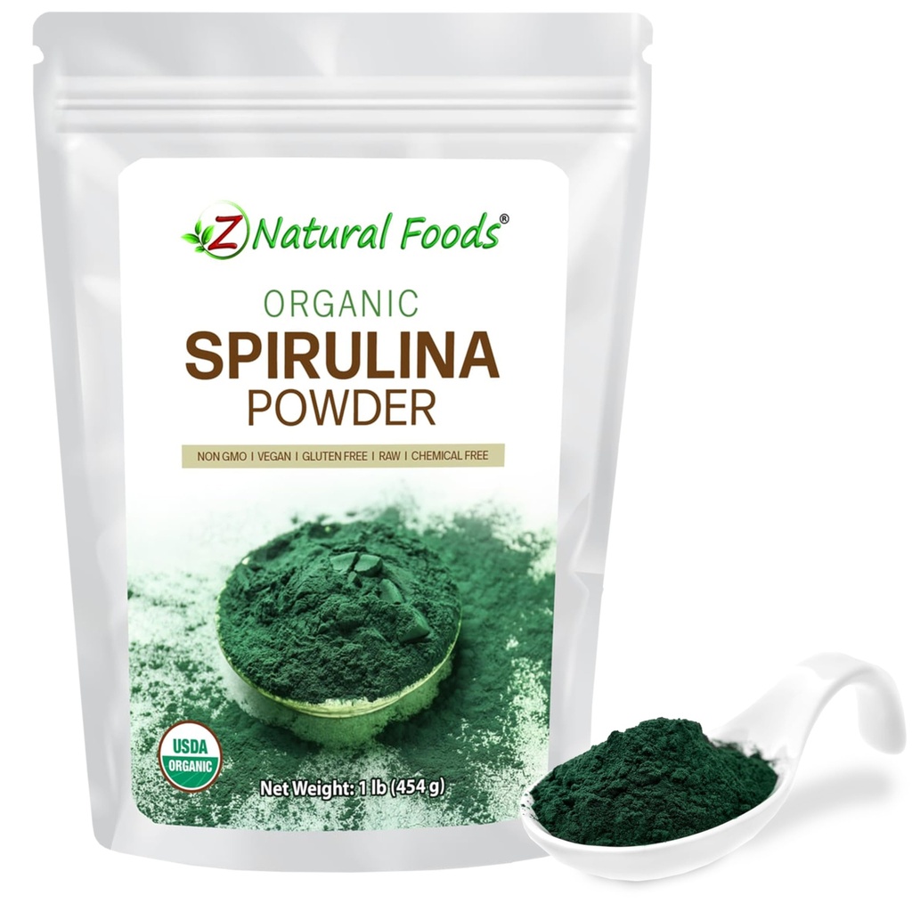 Z Natural Foods Organic Spirulina Powder - 100% Pure Spirulina, Nutrient- Dense Blue- Green Algae Superfood med Aminosyrer, 15x Beta- Caroten - Mix in Smoothies, Yoghurt, Opskrifter, 1 LB