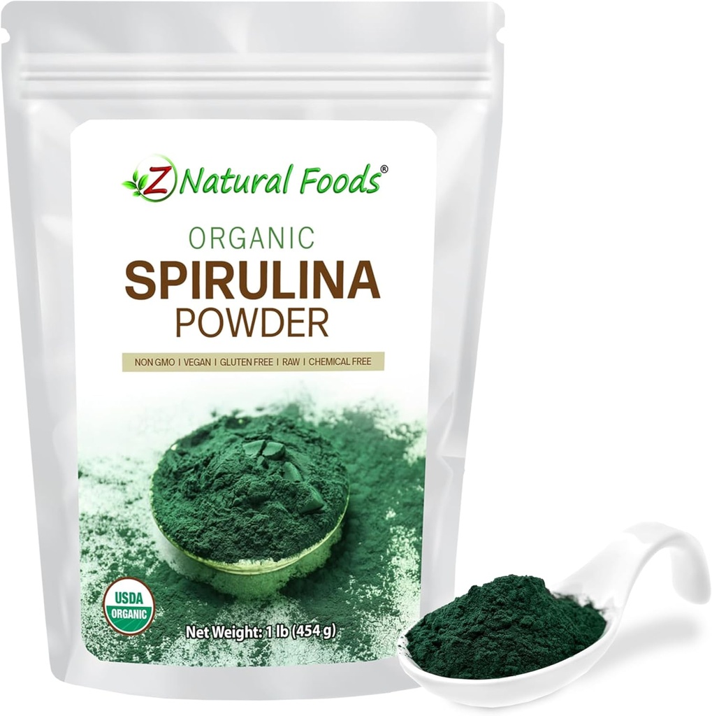 Z Natural Foods Organic Spirulina Powder - 100% Pure Spirulina, Nutrient- Dense Blue- Green Algae Superfood med Aminosyrer, 15x Beta- Caroten - Mix in Smoothies, Yoghurt, Opskrifter, 1 LB