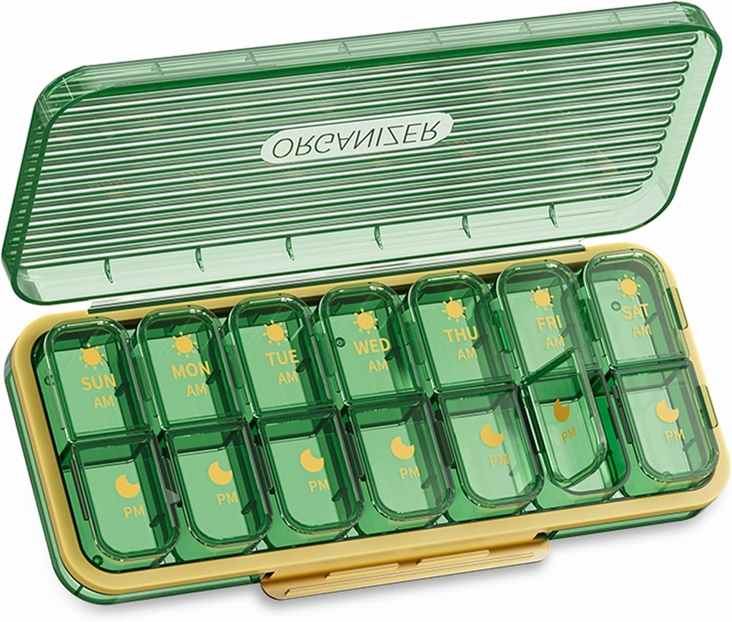 14 Celler 2 gange om dagen Ugentlig Pill Organizer - OFIDUS Fugtfast AM / PM Daily Cute Pill Box, Aftagelig Separat Cell 14 dages Pill sag Velegnet til kvinder Mænd rejse smykker & hverdagen (grøn)