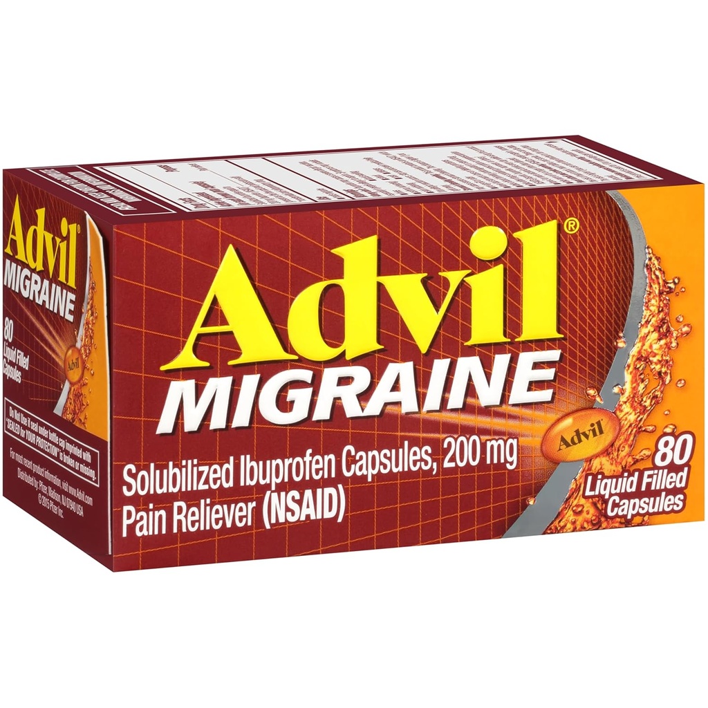 Advil Migræne Smerte Reliever, Solubilized Ibuprofen 200mg, 80 Greve, Flydende fyldte kapsler, Kraftfuld Migræne Relief