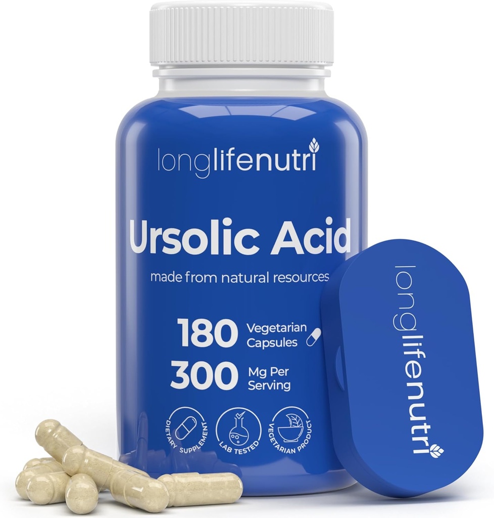LongLifeNutri Ursolsyre 300mg - Sourced from Rosemary Leaf Extract, 180 Vegetariske Kapsler, Organisk supplement til muskel vækst og inddrivelse, 2-måned Supply, Lab Testet, GMP Certificeret, Made in USA
