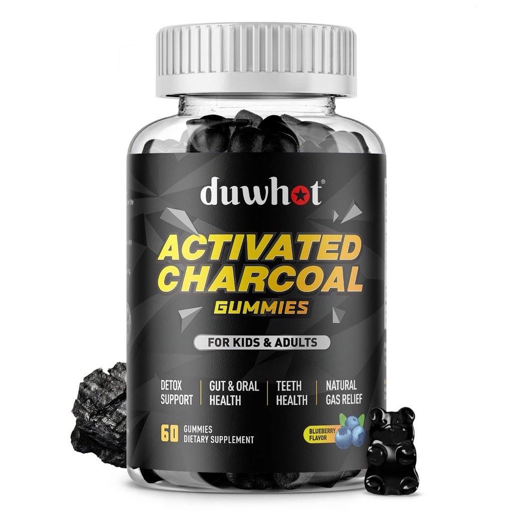Aktiveret kul gummier til børn, 500mg Chewable Aktiveret kul supplement til gas Relief, Detox, fordøjelse og oral sundhed, Vegansk blåbær Flavor, 60 Greve