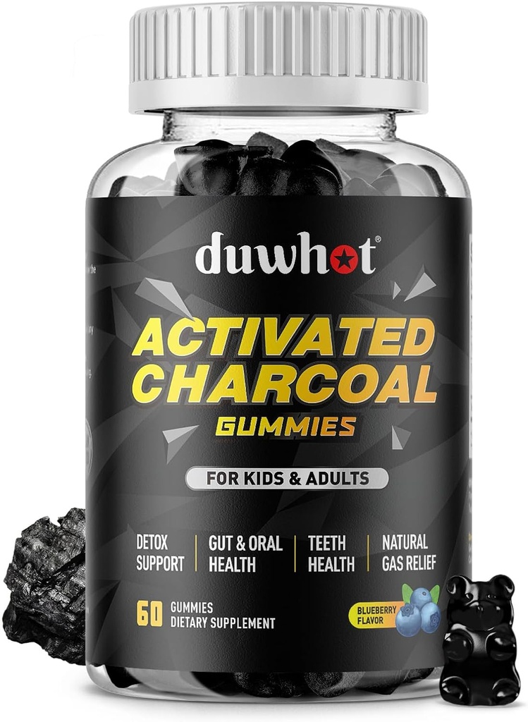 Aktiveret kul gummier til børn, 500mg Chewable Aktiveret kul supplement til gas Relief, Detox, fordøjelse og oral sundhed, Vegansk blåbær Flavor, 60 Greve