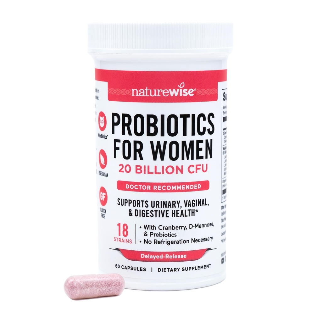 NatureWise Probiotika til kvinder + Organic Prebiotics D- Mannose & Cranberry - Vaginal Probiotika til PH Balance, fordøjelsesfremmende & urinveje - 18 Staints, 20 Millioner CFU - 60 Kapsler [60- Day Supply]