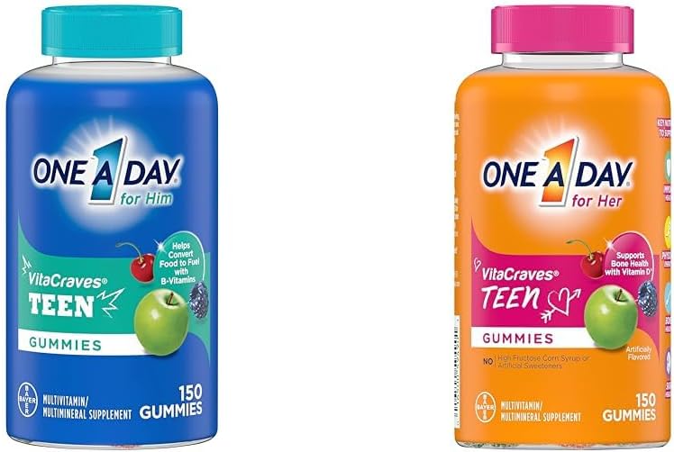 ONE A DAY Teen for Him Multivitamin Gummies & Teen for Her Multivitamin Gummies, Gummy Multivitamins with Vitamin A, C, D, E and Zinc for Immune Health Support, Physical Energy & More, 150 Count