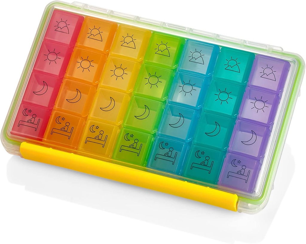 Ugentlig Pill Organizer - Portable 4 Time- A- Day - Vand Fugt -Bevis AM / PM Pill Case, Farverig 7 Dag medicinholder Pill Box med etiketter for receptioner, Medicin, Vitaminer, og kosttilskud