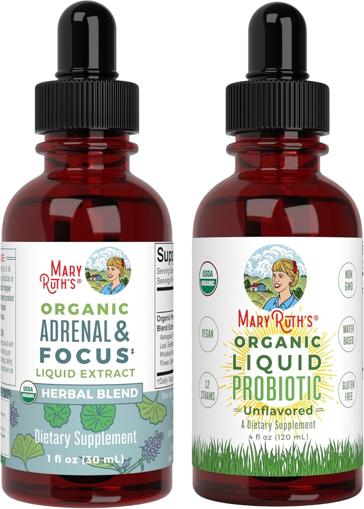 MaryRuth Organics Probiotiske tillæg for kvinder Mænd Kids & binyreal Health & Focus Supplement, 2-Pack Bundle, fordøjelsesbesvær & Gut Health, Cortisol Health, Stress Relief, Focus Nootrop Brain Supplement